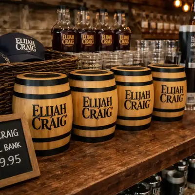 Custom engraved oak barrel tip jars displayed in a distillery gift shop with branded merchandise, ideal for retail displays and promotional products