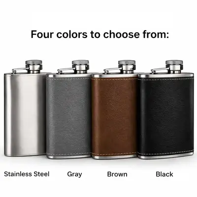 Four custom flask color options including stainless steel, gray, brown, and black leather for promotional barware