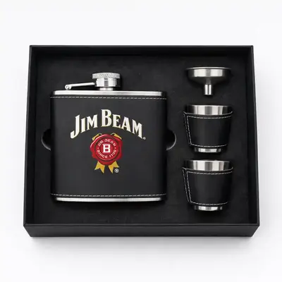 Custom logo black leather flask gift set with shot glasses and funnel in premium presentation box for distillery merchandise