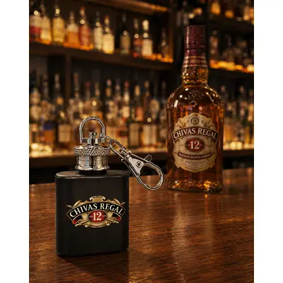 Custom logo 1 oz keychain flask displayed on a bar top with a whiskey bottle in the background, perfect for distillery promotions, tasting rooms, and branded merchandise.