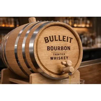 Close-up of custom logo engraved whiskey barrel promotional product highlighting detailed engraving and polished steel hoops.