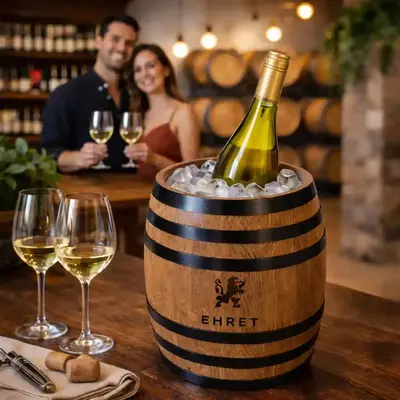 Couple enjoying wine at winery with custom engraved barrel ice bucket showcasing branded promotional product