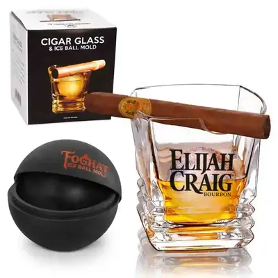 Custom branded whiskey glass with cigar holder and ice ball mold gift set for promotional use