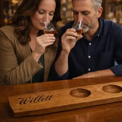 Couple enjoying a bourbon tasting using a custom engraved Willett whiskey flight board with Glencairn glasses in a bar setting