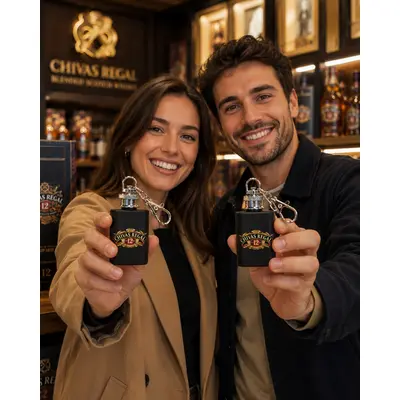 Smiling customers holding custom branded 1 oz keychain flasks inside a whiskey distillery gift shop, showcasing promotional merchandise and souvenir products.
