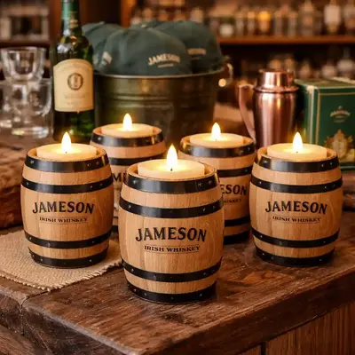 Branded oak barrel candle holders displayed in distillery gift shop, promotional whiskey merchandise for retail and brand marketing