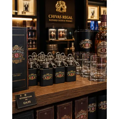Custom branded 1 oz keychain flasks displayed in a distillery gift shop alongside whiskey merchandise, glassware, and premium spirits products.