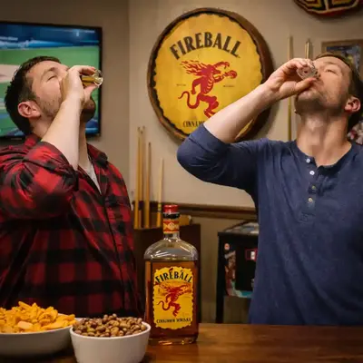 Fireball whiskey barrel head sign in home bar game room with two men taking shots and snacks on bar