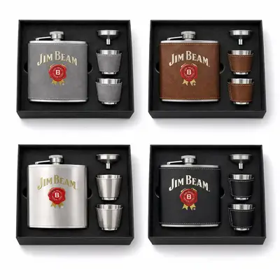 Collection of custom flask gift sets in multiple finishes including leather and stainless steel for distillery merchandise and corporate gifts