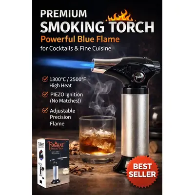 Foghat Premium Smoking Torch with powerful 1300°C / 2500°F adjustable blue flame, piezo ignition, and precision control, shown lighting a smoked whiskey cocktail with retail packaging and best seller badge displayed.