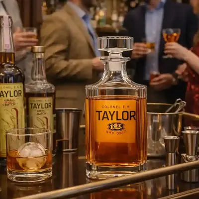 Crystal decanter on a luxury bar cart with cocktail tools and guests enjoying drinks at a party close up