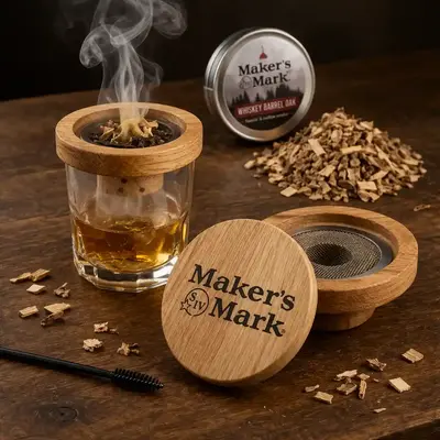 Private label cocktail smoker set in a bourbon-style setting, showcasing a premium branded product for corporate gifting and events.