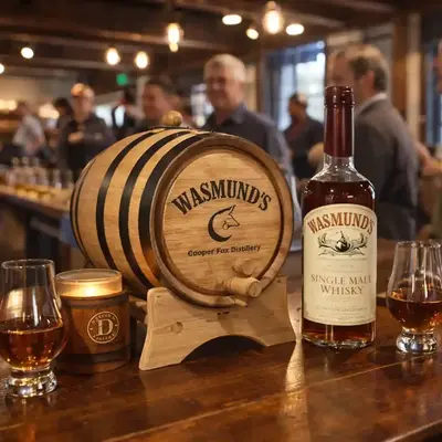 Wasmund’s custom oak whiskey aging barrel with bottle and glasses in distillery tasting room