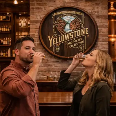 Yellowstone bourbon barrel head sign on a brick wall behind a couple taking whiskey shots at a bar