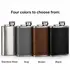 Four custom flask color options including stainless steel, gray, brown, and black leather for promotional barware