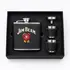 Custom logo black leather flask gift set with shot glasses and funnel in premium presentation box for distillery merchandise